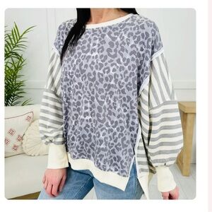 BiBi Gray Leopard Print Sweatshirt with White Striped Sleeves NWOT